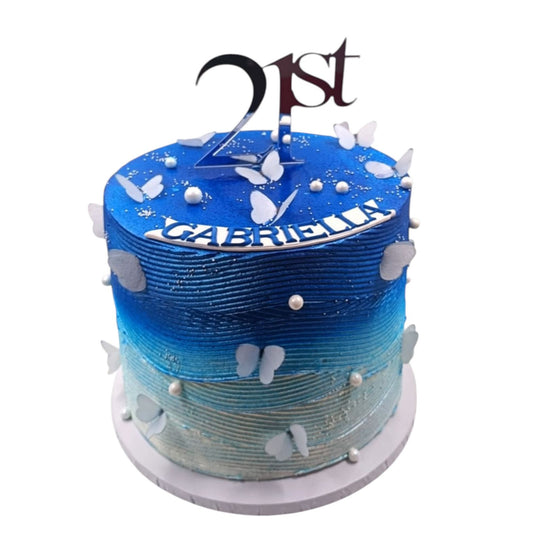 Blue and white wave ombre butterfly cake